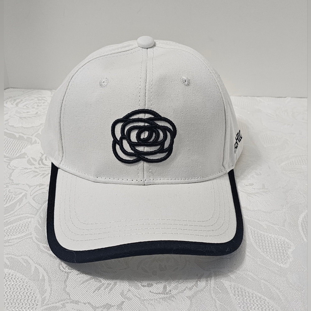 White Baseball Cap with Black Rose Embroidery